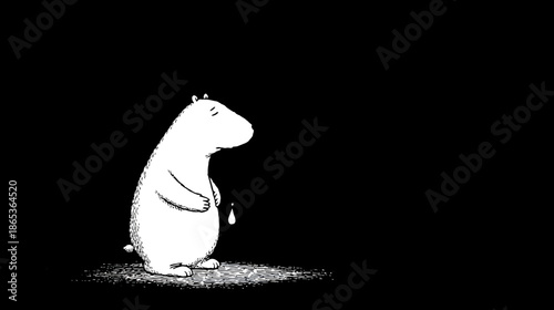 Whimsical white cartoon character holding a glowing lantern in a spotlight against a dark background, mysterious minimalist illustration.