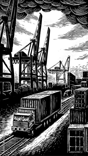 Cargo Truck at Industrial Port with Cranes