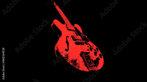 Red Electric Guitar Silhouette on Black, Artistic Grunge Style. Vintage Music Instrument for Rock and Blues Concepts