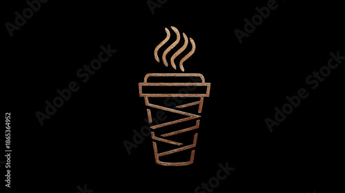 Minimalist geometric line art of a steaming hot beverage cup. Abstract coffee or tea to-go mug illustration on black background.