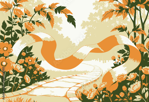 A Serene Forest Pathway Surrounded by Blooming Flowers and Lush Greenery Under a Gentle Orange and White Ribbon in a Sunny Landscape