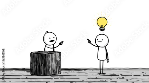 Hand-drawn cartoon of two stick figures discussing an idea with a lightbulb moment, symbolizing creativity and innovation.