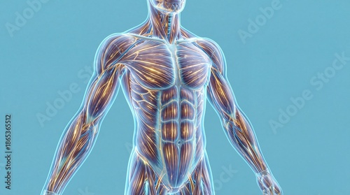 Human Muscle Anatomy With Glowing Energy Flow 3D Medical Illustration