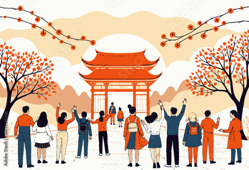 Illustration of a Group of People Facing a Red Traditional Asian Structure Surrounded by Autumn Trees and Blossoms in a Serene Setting