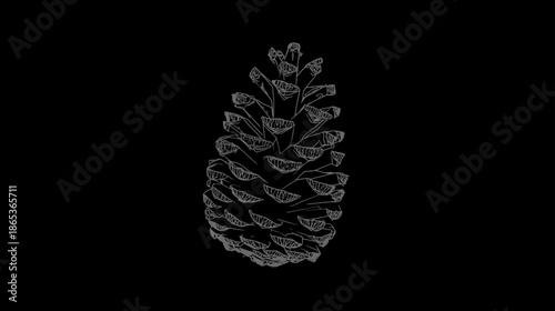 Minimalist wireframe illustration of a pine cone on a black background, digital drawing, nature abstract art, modern graphic element.