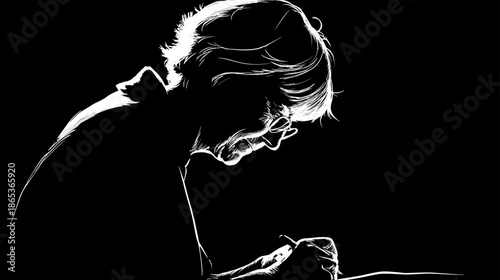 Dramatic silhouette of a person intensely focused, writing or drawing with a pen, in a high-contrast black and white style, symbolizing creativity and thought.