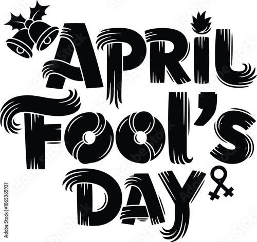 April Fools Day text with bells and holly on transparent background