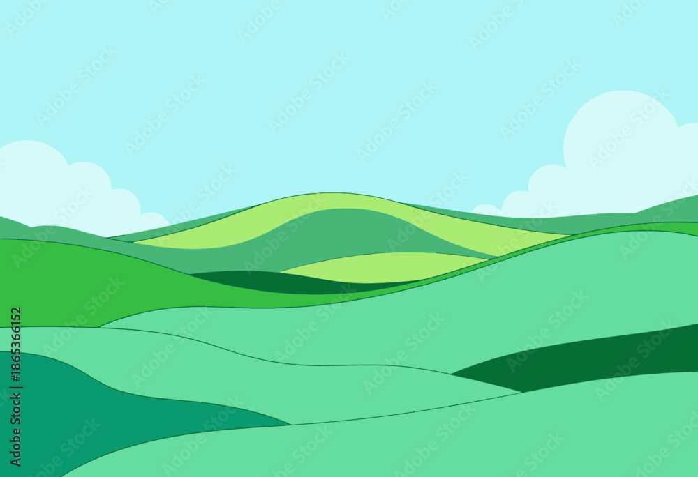 Obraz premium Abstract illustration of rolling green hills under a vibrant blue sky with fluffy clouds, depicting a serene and peaceful landscape perfect for artistic inspiration