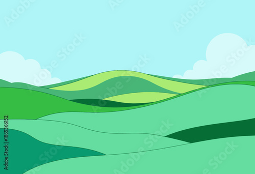 Abstract illustration of rolling green hills under a vibrant blue sky with fluffy clouds, depicting a serene and peaceful landscape perfect for artistic inspiration