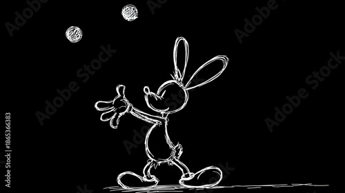 Whimsical cartoon rabbit juggling three balls, hand-drawn sketch illustration in white chalk style on a black background, playful animal character.