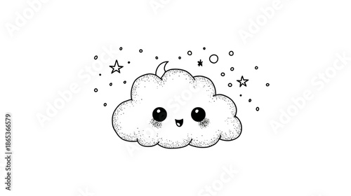 Sweet Smiling Cloud Character Illustration with Twinkling Stars. Hand-Drawn Cartoon Doodle in Black and White Line Art. Cute Graphic Design Element.