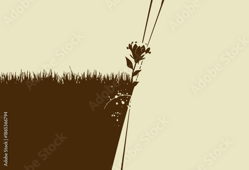 Vibrant pink flower breaks through soil and wall depicting resilience and determination with a striking contrast against the earthy background