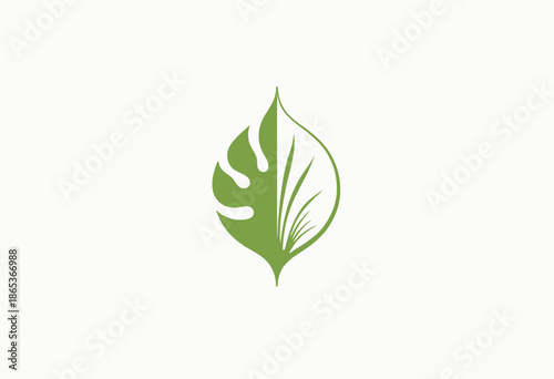 Abstract Representation of Nature: Green Leaf Emblem Merging Monstera Deliciosa and Grass Elements on a Minimalist Background
