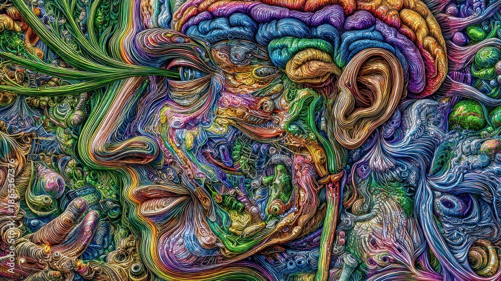Fototapeta premium Intricate, multicolored representation of a human profile merged with organic and abstract forms