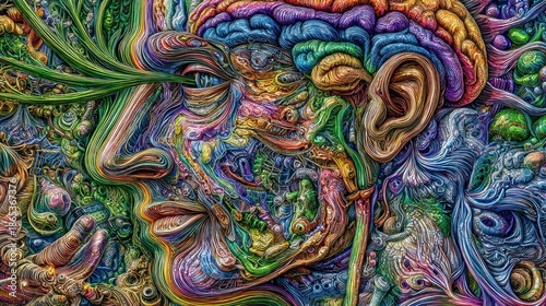 Intricate, multicolored representation of a human profile merged with organic and abstract forms
