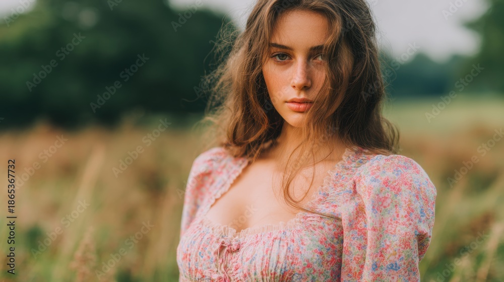 Fototapeta premium Woman in field wearing floral dress with soft sunlight in the background