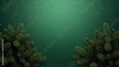 Festive evergreen branches adorned with delicate snowfall, creating a serene and seasonal atmosphere. The composition evokes warmth and wonder