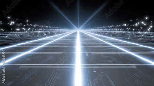 Glowing digital pathways converge toward a brilliant light source in a dark technological environment