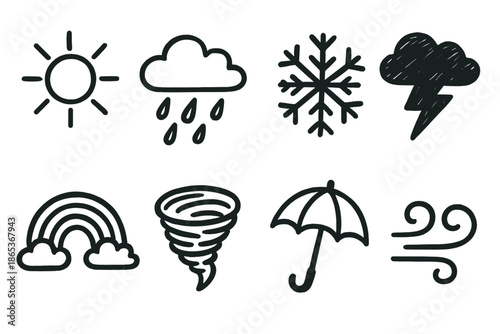 Weather symbols linear icon set. featuring sun, cloud, snowflake, storm, rainbow, tornado, umbrella, wind