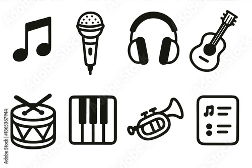 Music silhouette icon set. featuring note, microphone, headphones, guitar, drum, keyboard, trumpet, sheet music
