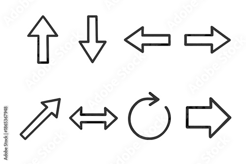 Directional arrows silhouette icon set. featuring up, down, left, right, diagonal, and rotate symbols