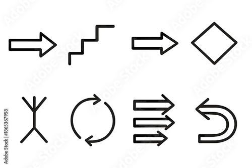 Flowchart linear icon set. featuring arrow, decision, merge, start, end, connector, process, loop, and step symbols