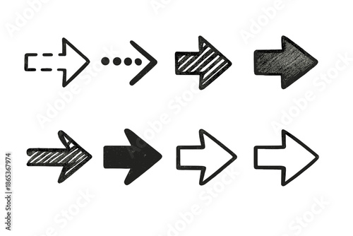 Arrow silhouette icon set. featuring dotted, dashed, striped, sketched, solid, and directional symbols