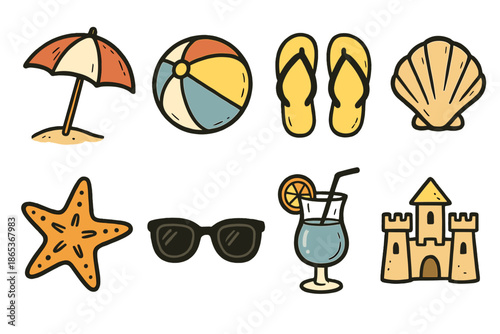 Beach essentials flat icon set. featuring umbrella, ball, flip-flops, shell, starfish, sunglasses, drink, and castle