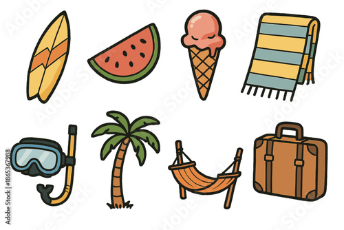 Summer vacation flat icon set. featuring surfboard, watermelon, ice cream, towel, snorkel, palm, hammock, and suitcase