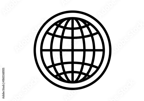 Black and white line art icon of a globe with latitude and longitude lines inside a black circle representing global network internet or a world map symbol