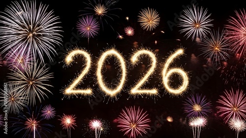 Bright fireworks illuminating the night sky with the number 2026 displayed prominently