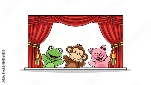Colorful puppet show with frog, monkey, and pig on stage
