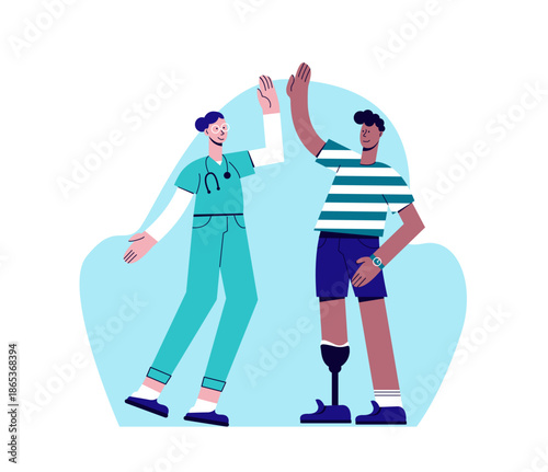 Vector illustration of a doctor providing emotional and physical support to a patient with a limb amputation. Concept of rehabilitation, medical care, accessibility, inclusion, and encouragement