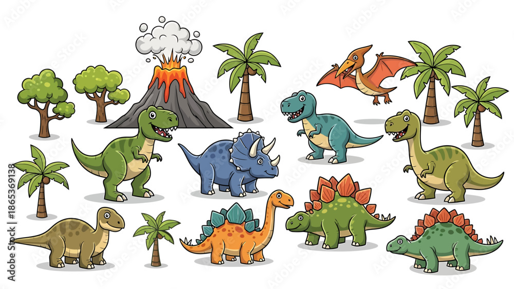 Obraz premium Colorful cartoon dinosaurs in prehistoric landscape with volcano