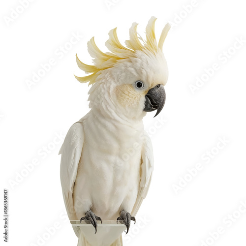 Cockatoo Stands on Perch With Yellow Crest in Bright Setting Showcasing Its F...