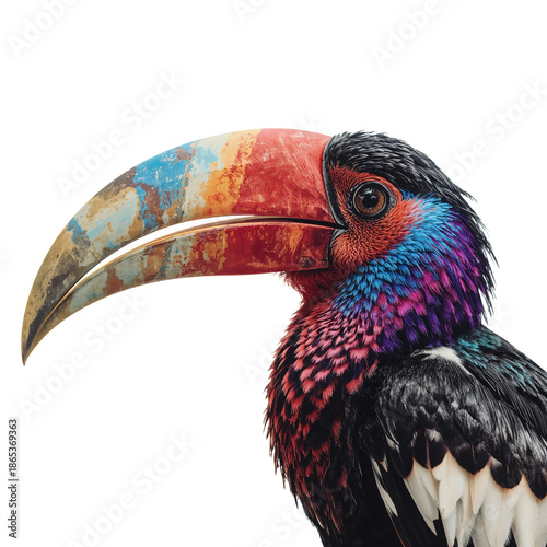Bird With Bright Yellow Beak and Colorful Feathers on White Background