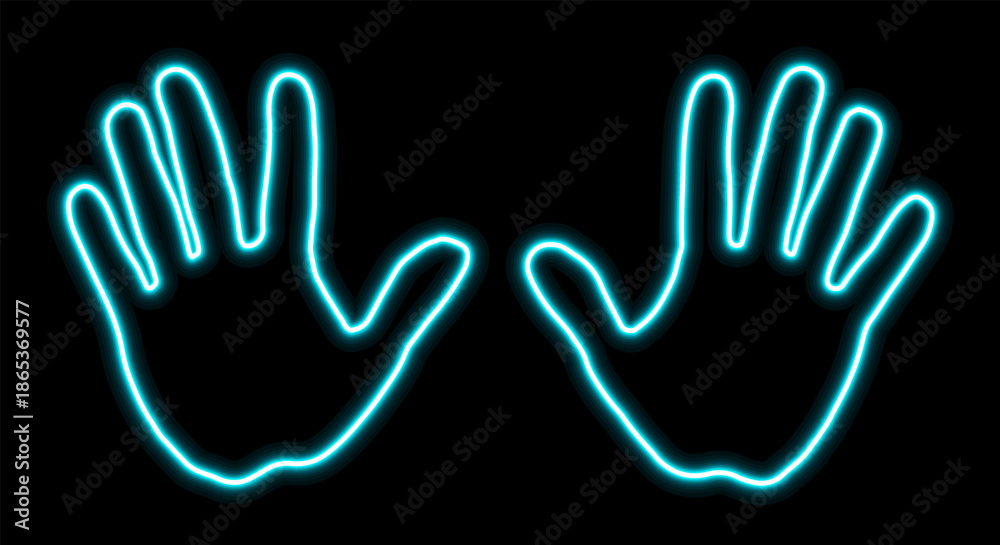 Obraz premium Neon glowing contour of human hands with open palms, futuristic light effect on black background. Abstract minimal illustration symbolizing touch, interaction, gesture control, technology, energy.
