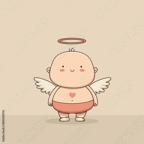 Cute angel character with wings and halo smiling in pastel colors representing love kindness and innocence