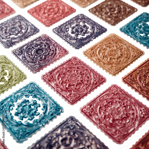 Colorful Tiles Arranged in a Pattern on a White Surface in a Studio Setting