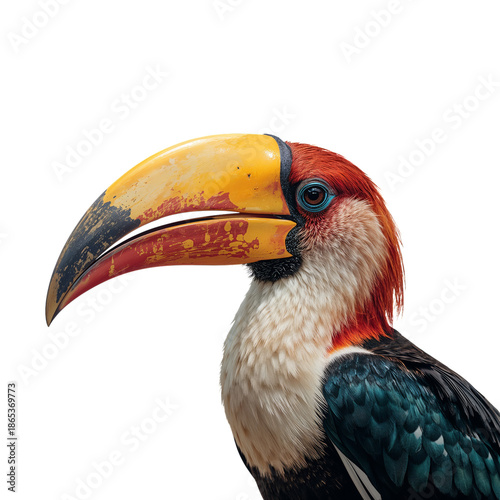 Bird With Bright Yellow Beak and Colorful Feathers on White Background