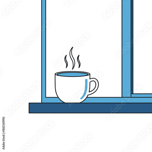 Steaming mug on blue windowsill in flat style for Blue Monday warmth and comfort concept