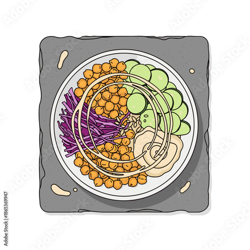 Colorful vegan bowl with chickpeas, cabbage and hummus in flat style for Veganuary, plant-based lunch and healthy food visuals