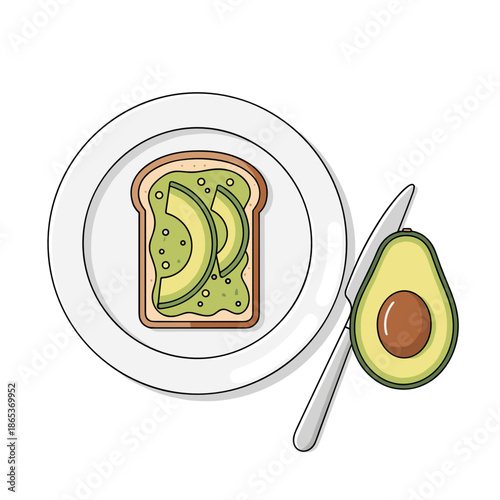 Top view of avocado toast on plate with knife in flat style for Veganuary, vegan breakfast and plant-based food visuals