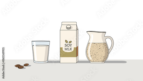 Soy milk in carton, glass and jug in flat style for Veganuary, dairy-free and plant-based drink visuals