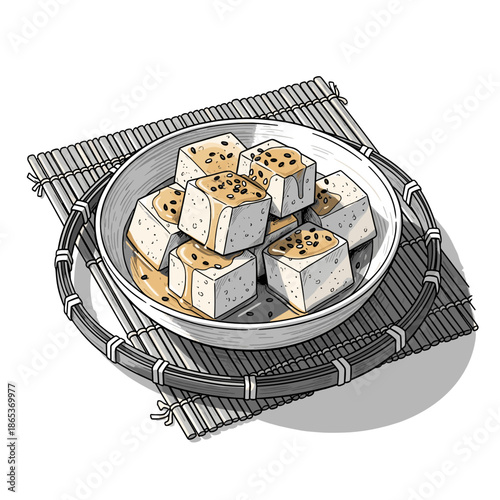Bowl of tofu cubes with sesame seeds in engraving style for Veganuary, vegan protein and healthy food visuals
