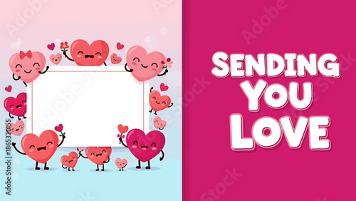 Adorable heart characters sending love in a colorful frame