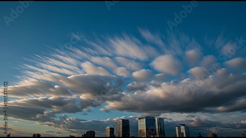 Dramatic streaking clouds over city skyline at sunset time lapse motion blur atmospheric sky urban landscape dramatic weather atmospheric phenomenon