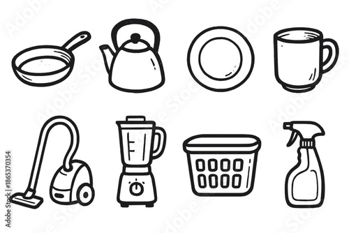 Household items silhouette icon set. featuring pan, kettle, plate, mug, vacuum, blender, basket, spray bottle