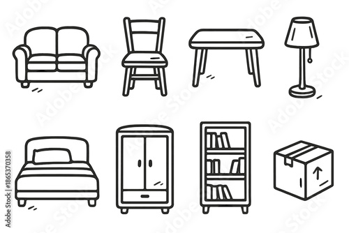 Home furniture linear icon set. featuring sofa, chair, desk, lamp, bed, wardrobe, bookshelf, box