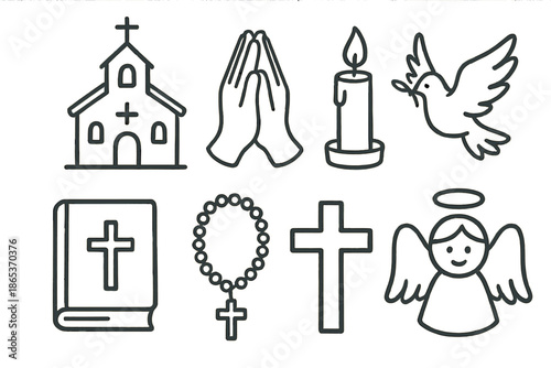 Religion linear icon set. featuring church, prayer hands, candle, dove, bible, rosary, cross, angel